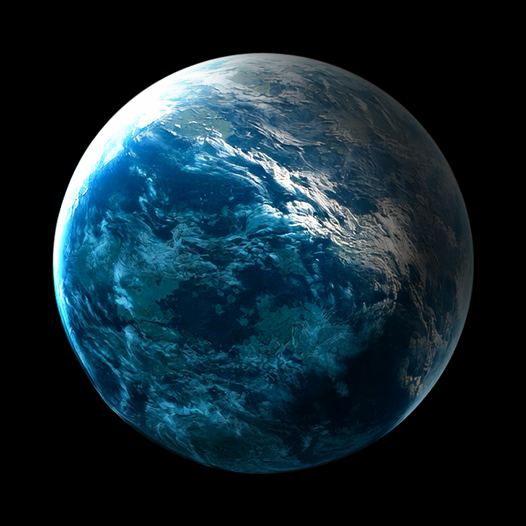 An Earth-like world from Stellar Recall, with blue oceans and pale clouds